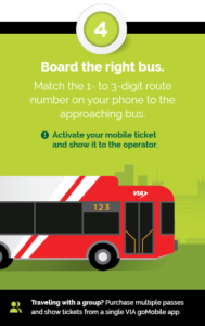 Step 4 - Board the right bus. Match the 1- to 3-digit route number on your phone to the approaching bus. - Activate your mobile ticket and show it to the operator. + Traveling with a group? Purchase multiple passes and show tickets from a single VIA goMobile app.
