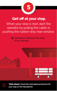 Step 5 - Get off at your stop. When your stop is next, alert the operator by pulling the cable or pushing the rubber strip near window. Operators will pass the stop if not alerted. - Think ahead. Check the estimated arrival time for your stop on the trip planner.