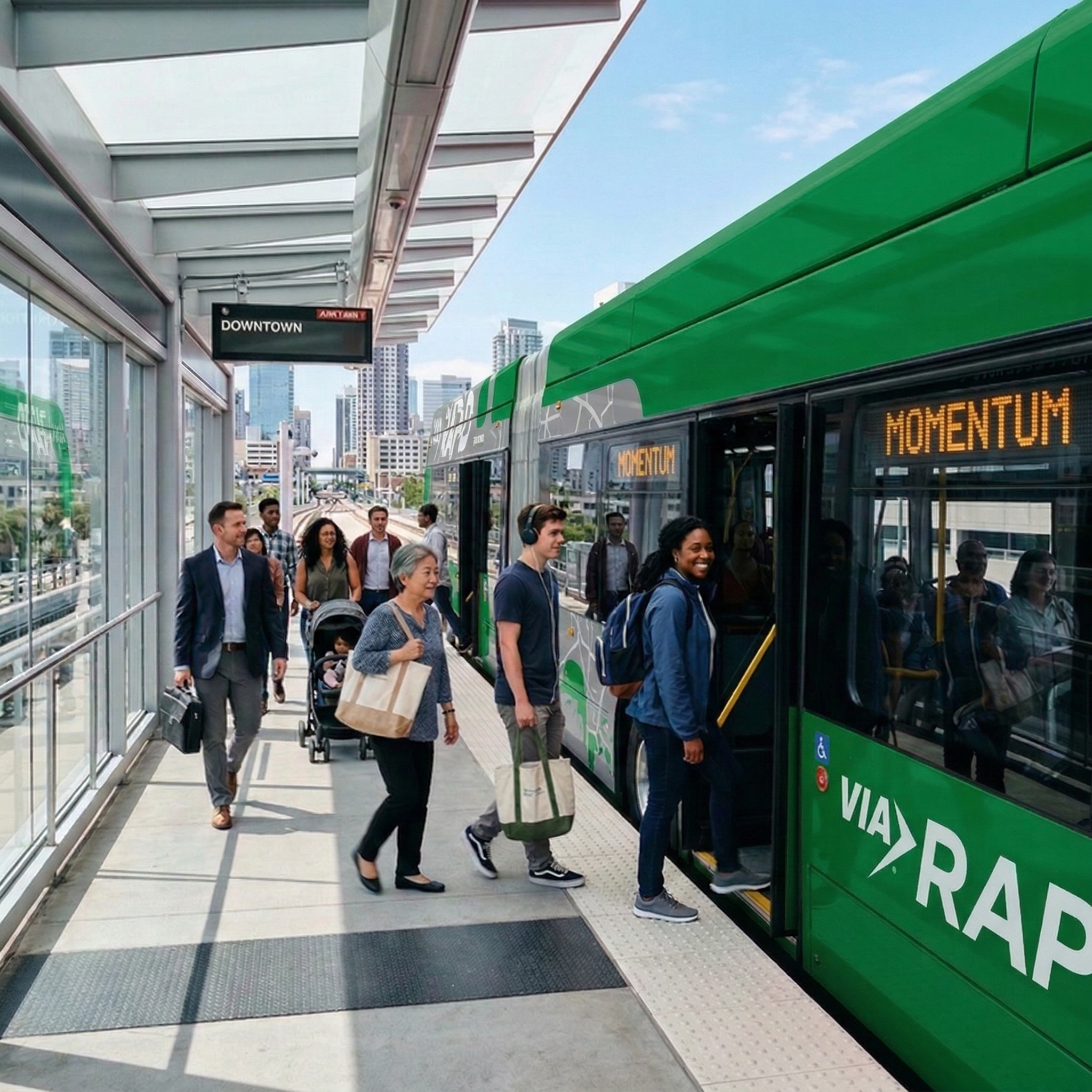 Riders boarding a VIA Rapid vehicle